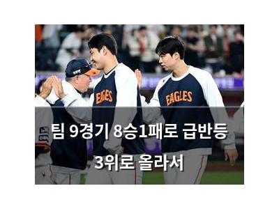 팀 9경기 8승1패로 급반등 3위로 올라서